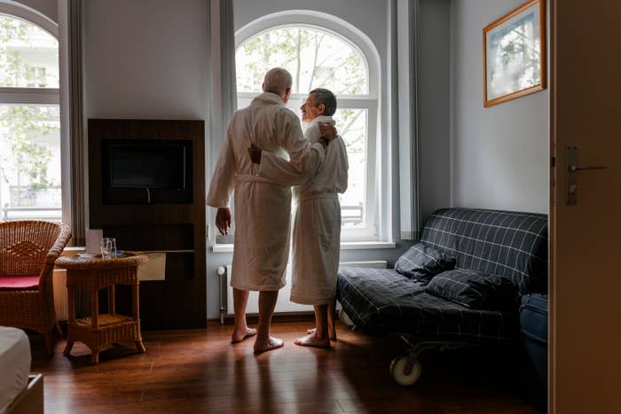 A couple in their robes