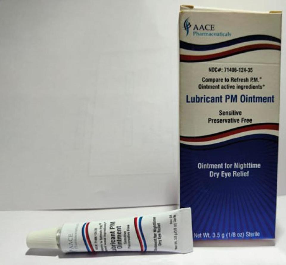 Lubricant PM Ointment in a 3.5 gram tube, sold in box with UPC code: 371406124356. / Credit: U.S. Food and Drug Administration