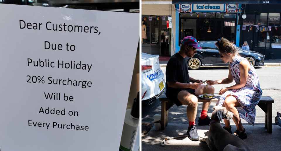 Public holiday surcharge sign and people eating out in Sydney.