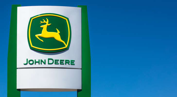 John Deere logo on a sign. John Deere is owned by Deere & Company, or DE stock.