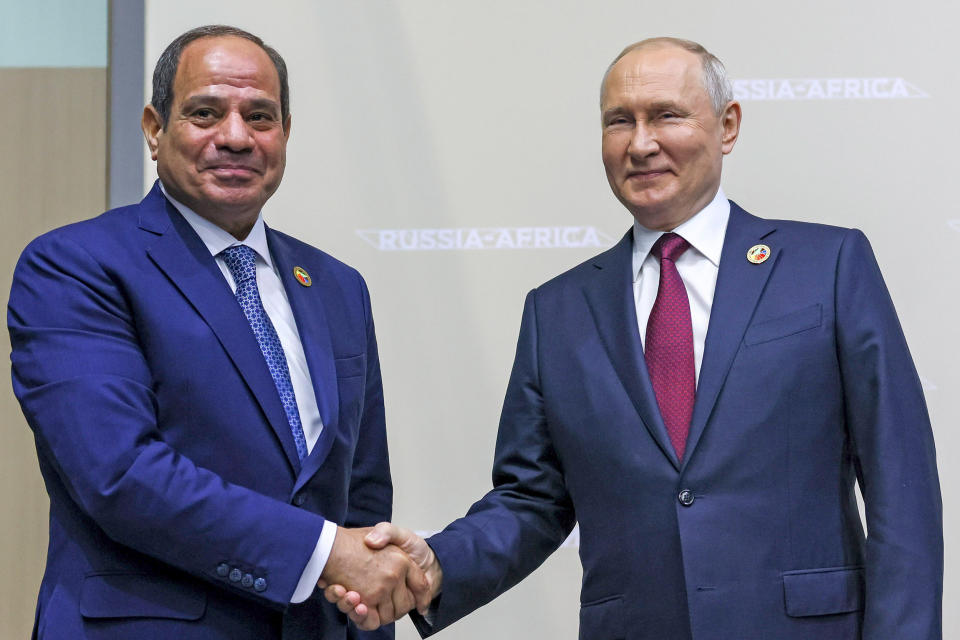 Russian President Vladimir Putin with Egypt's President  Abdel Fattah El-Sisi, on the sidelines of the Russia Africa Summit in St. Petersburg on July 27, 2023.  (Mikhail Metzel / TASS Host Photo Agency Pool Photo via AP)