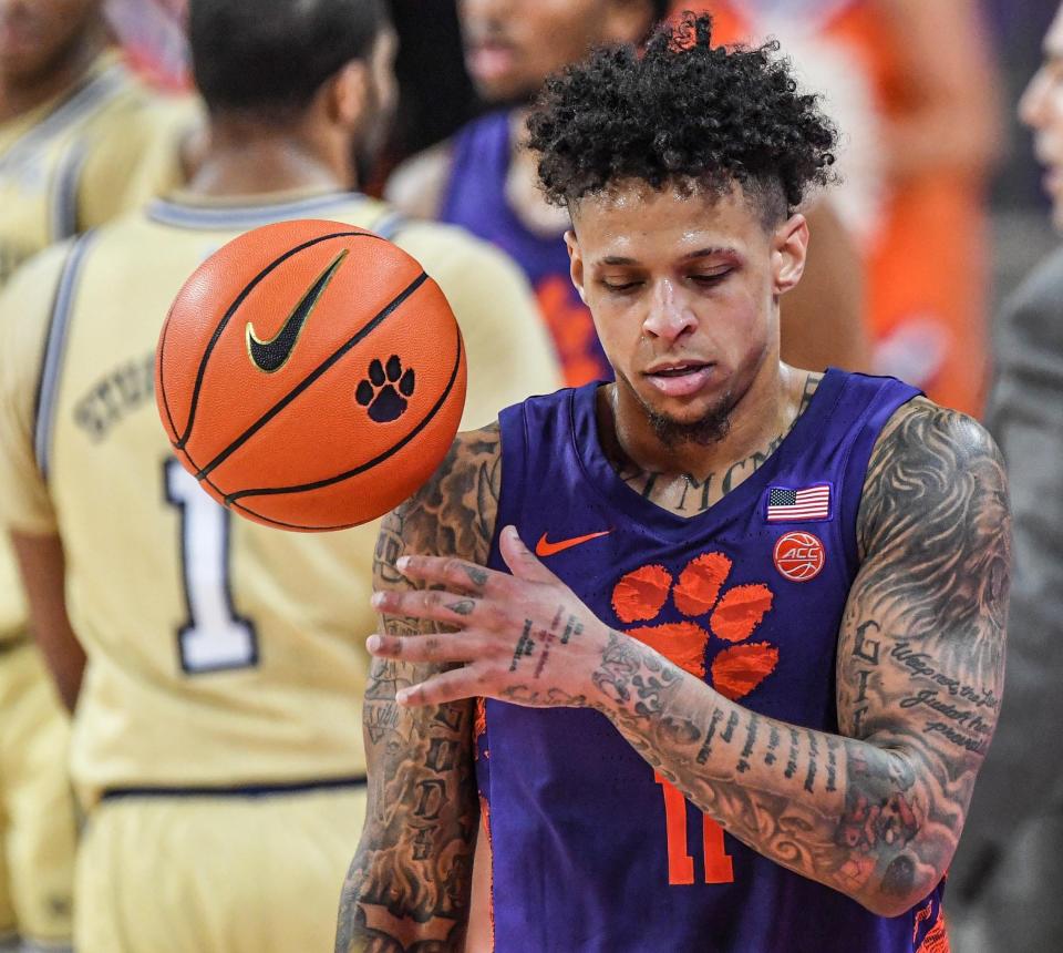 Clemson guard Brevin Galloway (11) in the Georgia Tech game during the first half at Littlejohn Coliseum in Clemson, S.C. Tuesday, January 24, 2023.