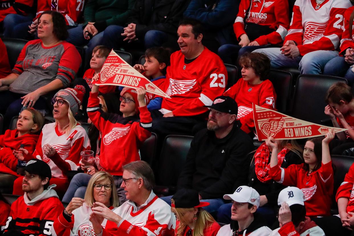 Detroit Red Wings fans cheer on during the third period against Buffalo Sabres at Little Caesars Arena in Detroit on Sunday, April 7, 2024.