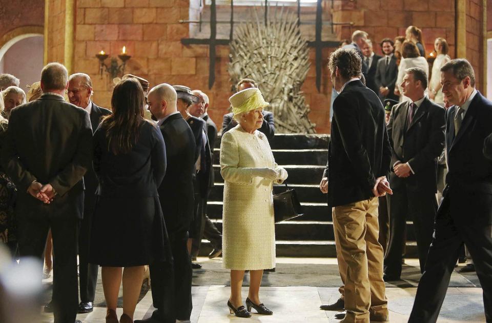 Britain's Queen Elizabeth and Prince Philip visit the set of TV series Game of Thrones, in the Titanic Quarter of Belfast