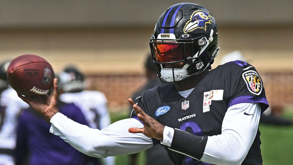 Through a week and a half of training camp, Baltimore Ravens quarterback Lamar Jackson has been more consistently accurate than he's ever been over five summers in Baltimore, and his range as a passer has never been greater. (Kenneth K. Lam/Baltimore Sun/Tribune News Service via Getty Images)