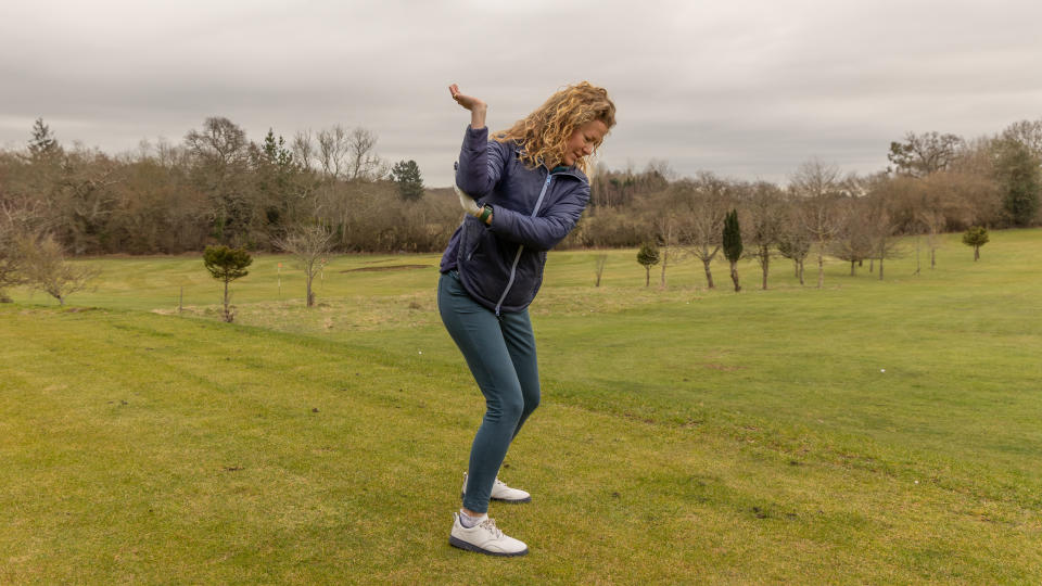 PGA pro Katie Dawkins demonstrating a drill to help golfers improve