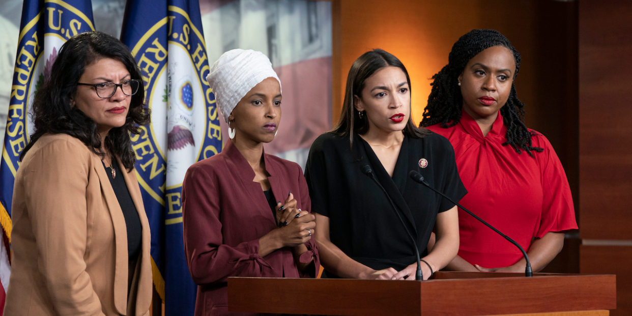 From left, Rep. Rashida Tlaib, D-Mich., Rep. Ilhan Omar, D-Minn., Rep. Alexandria Ocasio-Cortez, D-N.Y., and Rep. Ayanna Pressley, D-Mass.