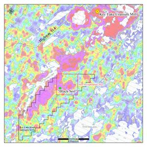 Location of the “Black Soil” surface radioactive anomaly within GSUA. The background shows ground concentration of uranium from the airborne gamma-ray spectrometry survey (Ford et al., 2006).