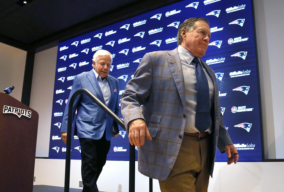 Foxborough, MA - January 11: Robert Kraft follows former Patriots coach Bill Belichick at the end of a media availability. New England Patriots owner Robert Kraft and departing head coach Bill Belichick addressed the media at Gillette Stadium about the departure of Belichick. (Photo by John Tlumacki/The Boston Globe via Getty Images)