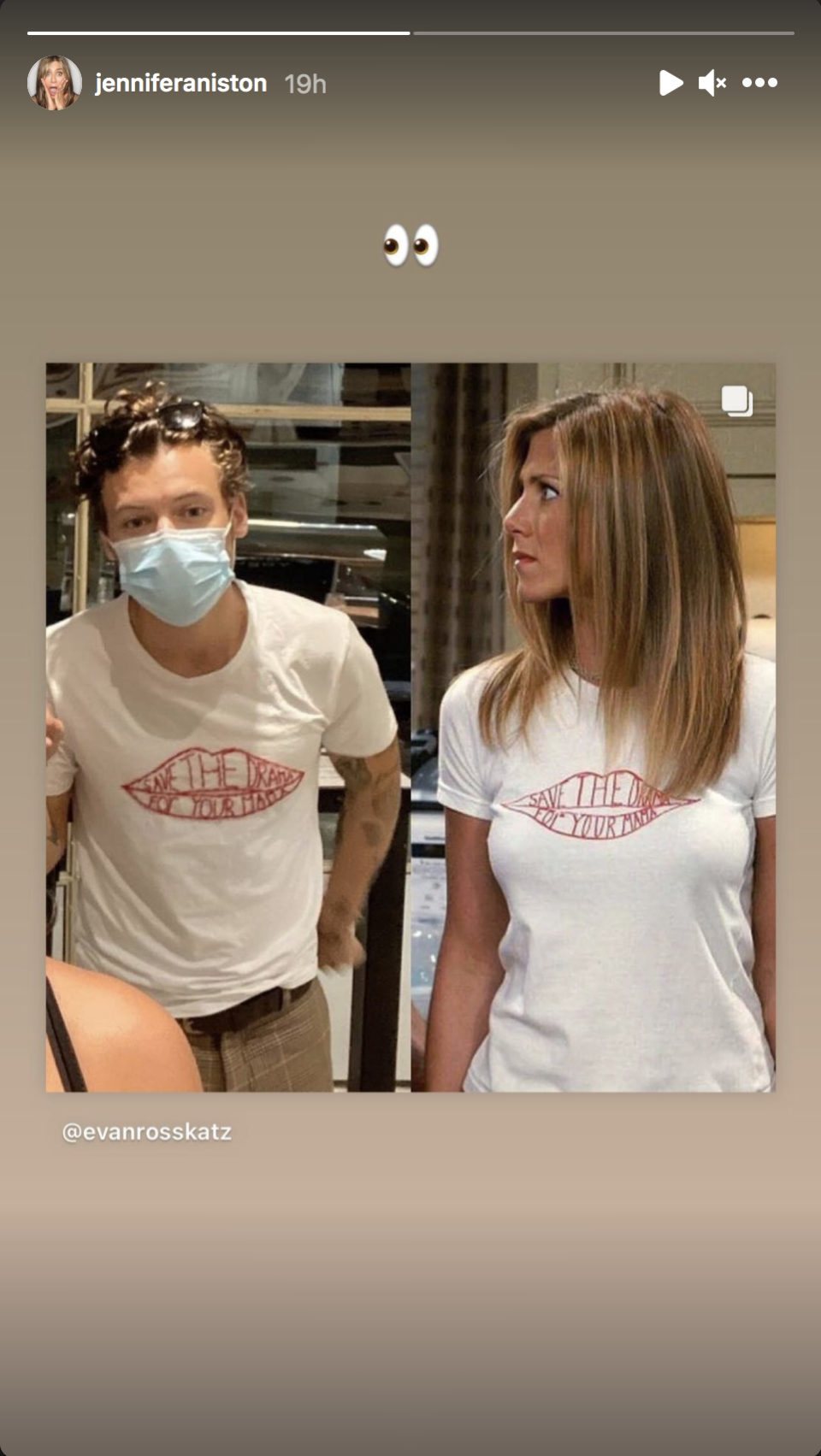 Photos of Harry Styles and Jennifer Aniston's Friends character wearing the same T-shirt are pictured side by side in this screenshot from Jennifer Aniston's most recent Instagram Story