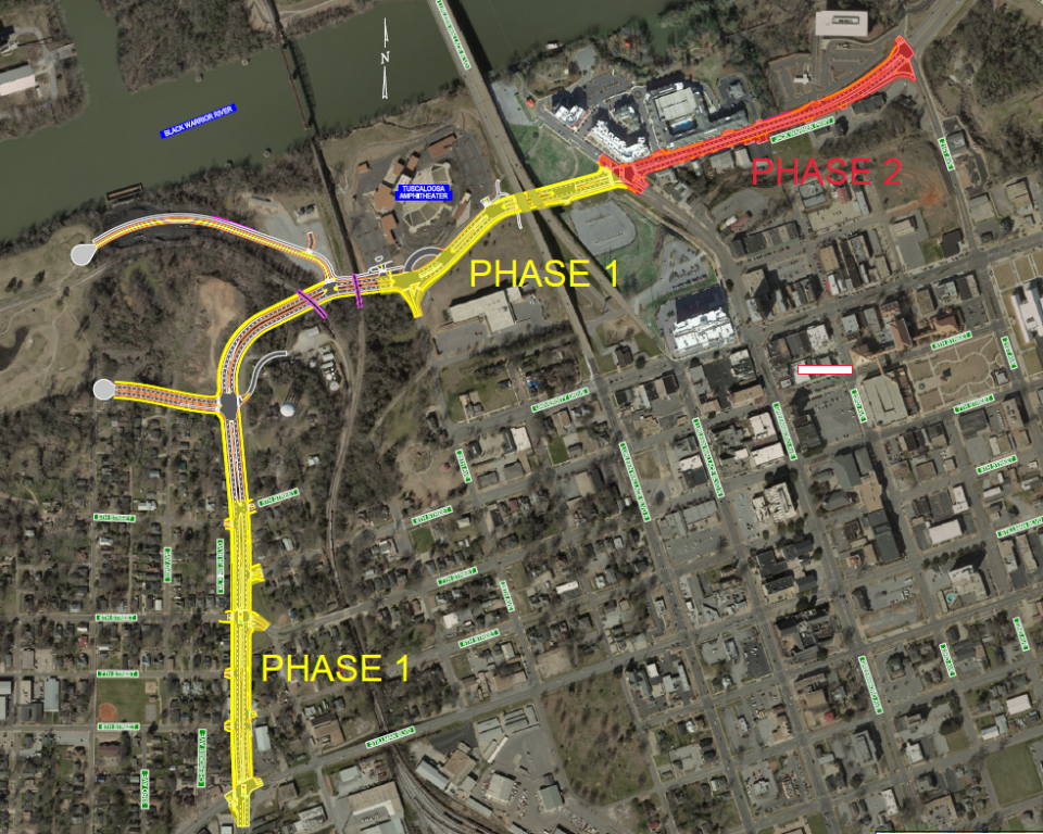 This map, provided by Tuscaloosa City Hall, shows areas of Phase I and Phase II of the Martin Luther King Jr. Boulevard/Jack Warner Parkway improvement project. The unlabeled area in the middle is Phase III and includes the widening of the roadway under railroad trestles for the bridge that crosses the Black Warrior River.
