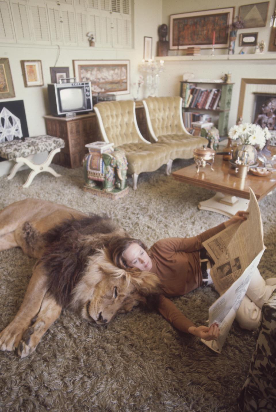 Tippi Hedren and Neil the lion at her home in Sherman Oaks, California, in 1971