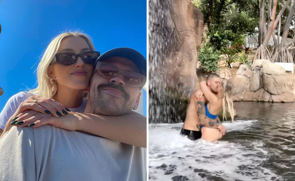 L: Samantha hugs her boyfriend, both wearing sunglasses. R: Samantha's boyfriend hugs her while they are in the pool