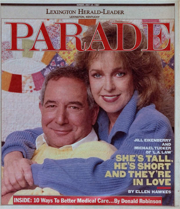 <p><em>L.A. Law</em> was a huge hit in 1987, with Eikenberry and Tucker playing lawyers deep in an opposites-attract romance, when <em>Parade </em>spoke to them. Her character was tall and aggressive and his was short and shy. Married in real life, the actors wanted to set the record straight. “See, I’m not as short as I seem,” the 5 feet 5 ½ inch Tucker told <em>Parade</em>, standing up very straight next to Eikenberry’s 5 feet 7 inches. “On the show, Jill wears very high heels, and they shoot down at us. So I look as if I barely reach her chin.” The show’s romance had re-lit their own, they said. “Not that it was dead before,” Tucker said. “It’s just that we’re given all these wonderful new lines to express what we’ve often felt about each other.”</p>