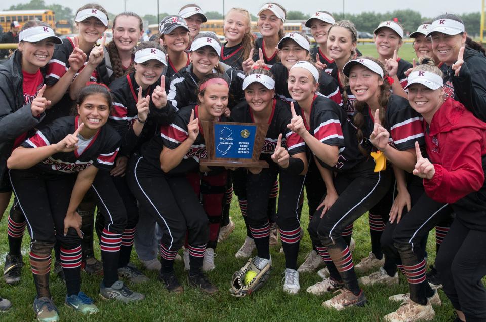 Members of the Kingsway softball team celebrate after defeating Gloucester County Tech., 4-2, in the South Jersey Group 4 softball title game played at Kingsway High School on Friday, June 11, 2021.  