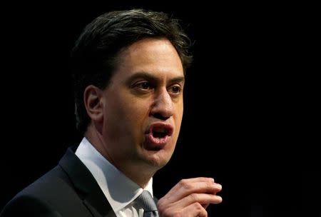 Britain's opposition Labour Party leader Ed Miliband announces his party's election manifesto at Granada studios in Manchester, northern England, April 13, 2015. REUTERS/Andrew Yates