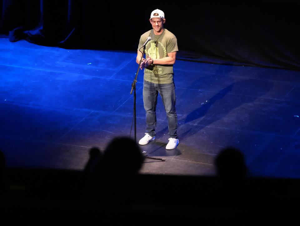 Cody Goodwin tells his story during the Des Moines Register's Storytellers Project at Hoyt-Sherman Place in Des Moines on Tuesday, Oct. 25, 2022.