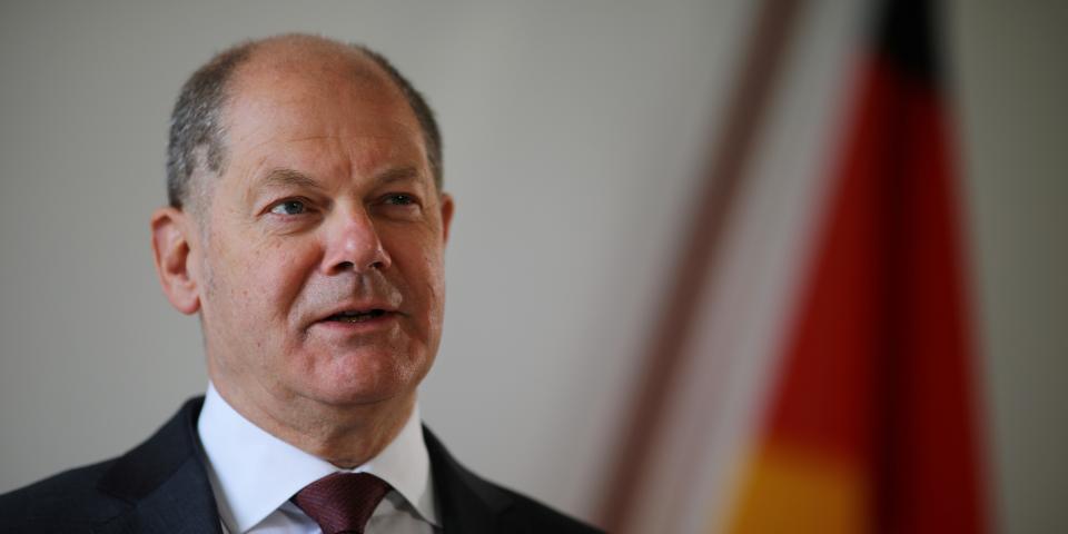 FILE PHOTO: German Finance Minister Olaf Scholz attends a Reuters interview in his office in Berlin, Germany, April 15, 2020. REUTERS/Hannibal Hanschke/File Photo