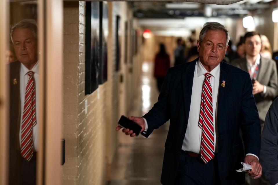 Rep. Ralph Norman, R-S.C., chats with reporters while arriving for a House Republican conference meeting on Capitol Hill on March, 6 2024 in Washington, DC.