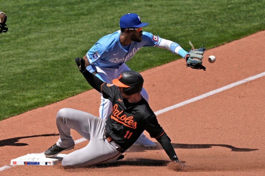 Baltimore Orioles’ Jordan Westburg (11) beats the tag by Kansas City Royals third baseman <a class="link " href="https://sports.yahoo.com/mlb/players/12336/" data-i13n="sec:content-canvas;subsec:anchor_text;elm:context_link" data-ylk="slk:Maikel Garcia;sec:content-canvas;subsec:anchor_text;elm:context_link;itc:0">Maikel Garcia</a> after hitting a triple during the fifth inning of a baseball game Sunday, April 21, 2024, in Kansas City, Mo. (AP Photo/Charlie Riedel)