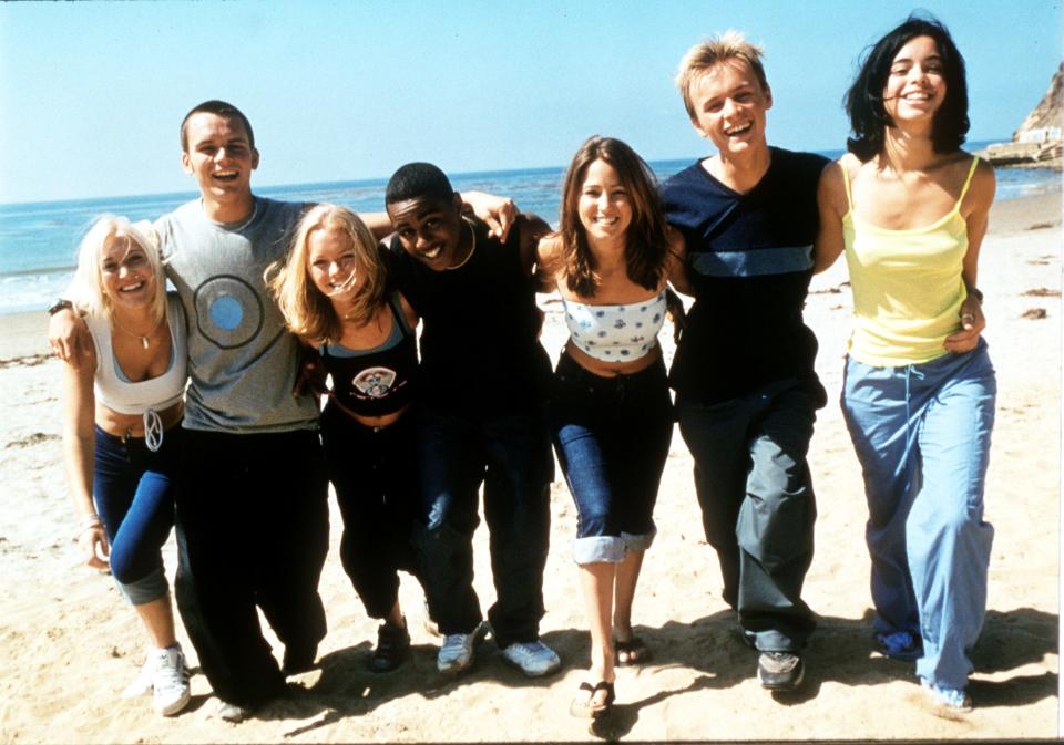 Members of the musical group S Club 7, left to right: Jo O'Meara, Paul Cattermole, Hannah Spearitt, Bradley McIntosh, Rachel Stevens, Jon Lee and Tina Barrett.