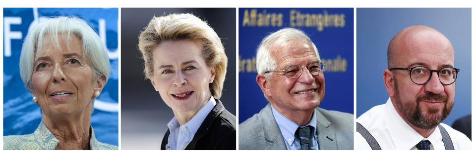 This combination photo made up of file photos of from left, Christine Lagarde, Ursula von der Leyen, Josep Borrell and Charles Michel. European Union leaders have broken a deadlock Tuesday July 2, 2019, and proposed their candidates for top posts in the bloc after three days of arduous negotiations. They have nominated German Defense Minister Ursula von der Leyen to become the new president of the bloc’s powerful executive arm, the European Commission, taking over from Jean-Claude Juncker for the next five years. EU Council President Donald Tusk says that Belgian Prime Minister Charles Michel will take over from him in the fall. (AP Photo)