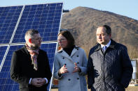 French junior minister for European Affairs Amelie de Montchalin , center, speaks while her German counterpart Michael Roth, left, and her Polish counterpart Konrad Szymanski as they visit a former coal mine after a meeting of the Weimar Triangle at European Affairs level, in Loos-en-Gohelle, northern France, Tuesday, Jan. 21, 2020. (AP Photo/Michel Spingler)