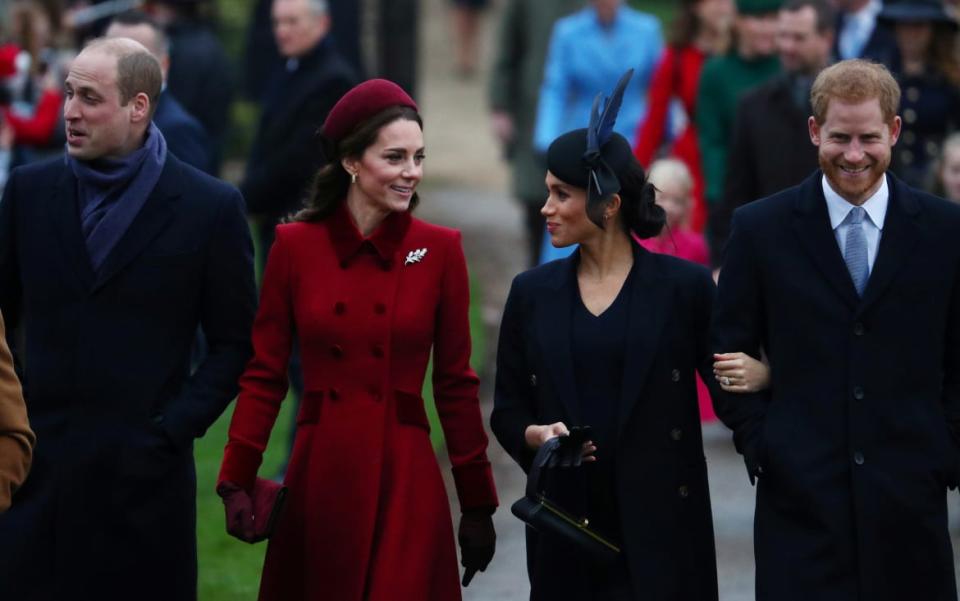 Prince William, Duke of Cambridge and Catherine, Duchess of Cambridge along with Prince Harry, Duke of Sussex and Meghan, Duchess of Sussex arrive at St Mary Magdalene's church for the Royal Family's Christmas Day service, December 25, 2018.