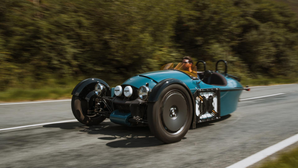 Driving the Morgan Super 3 three-wheeler in Wales.
