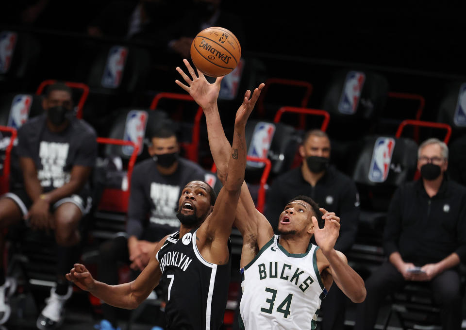 Kevin Durant got the best of Giannis Antetokounmpo on Monday night. (Al Bello/Getty Images)