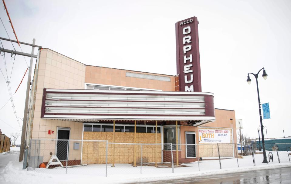 The Orpheum Theater in Marshalltown, Iowa, in 2019 amid work to repair damage after an EF-3 tornado ripped across downtown, toppling foundations and causing more than $1 million in property damage.