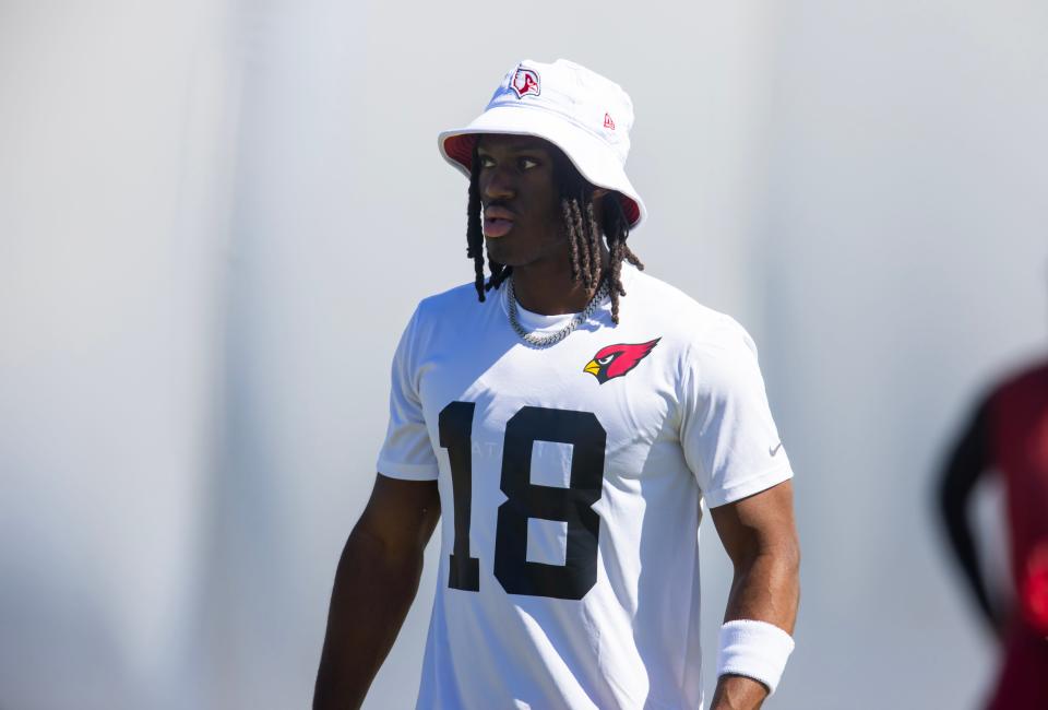 Arizona Cardinals wide receiver Marvin Harrison Jr. participates in rookie minicamp at the teams Tempe Training Facility.