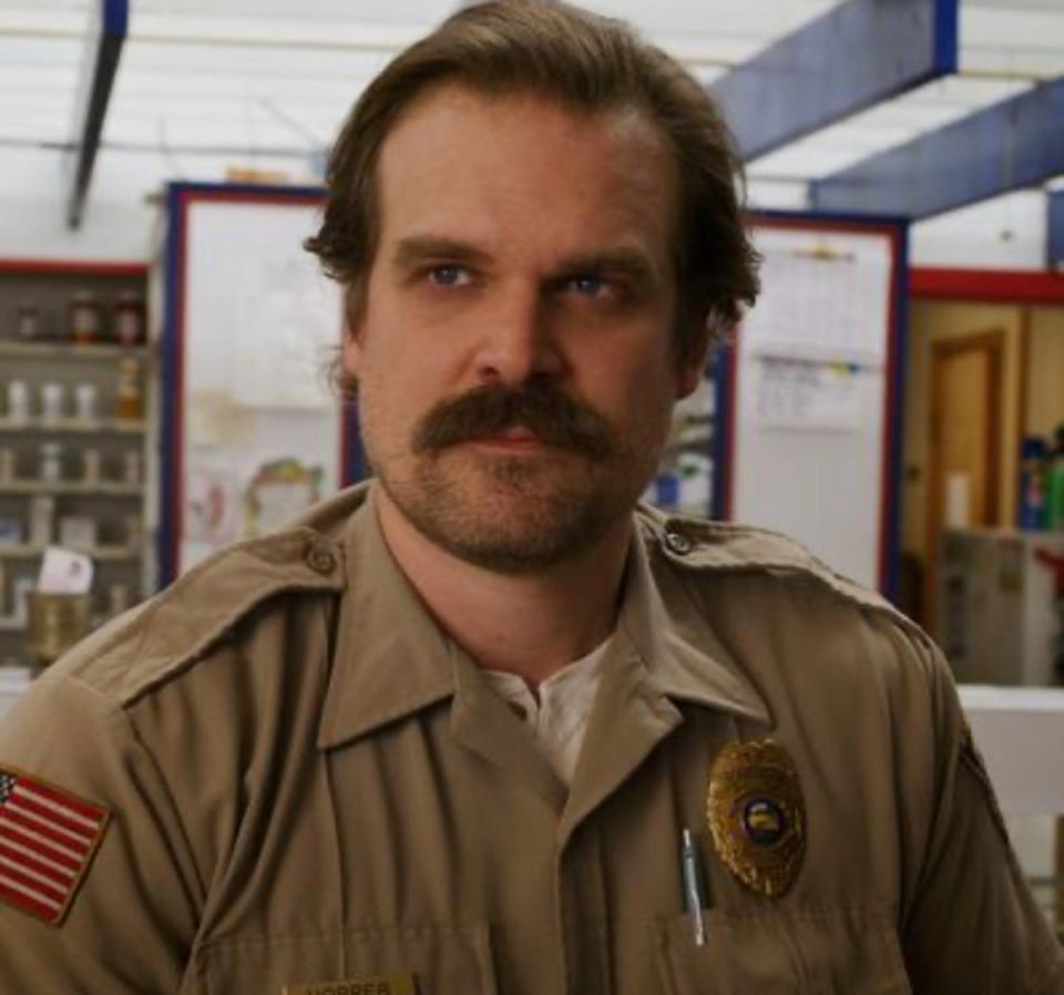 David Harbour posted a snap of himself in he role of Stranger Things officer JIm Hopper as his profile picture  on dating app Raya (Netflix)