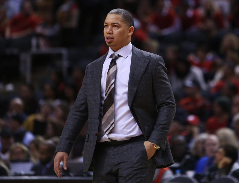 TORONTO, ON - OCTOBER 17:  Head Coach Tyronn Lue of the Cleveland Cavaliers looks on in the second half of the NBA season opener against the Toronto Raptors at Scotiabank Arena on October 17, 2018 in Toronto, Canada.  NOTE TO USER: User expressly acknowledges and agrees that, by downloading and or using this photograph, User is consenting to the terms and conditions of the Getty Images License Agreement.  (Photo by Vaughn Ridley/Getty Images)