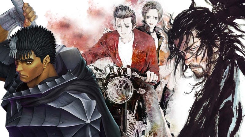 Guts, Musashi Miyamoto, Nana Osaki and Ren Honjo appear side by side in a manga collage. 