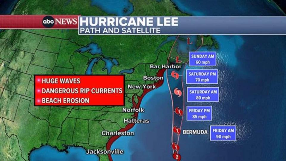 PHOTO: A weather map shows the path forecast for Hurricane Lee, Sept. 14, 2023. (ABC News)