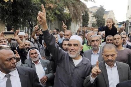 Leader of the northern Islamic Movement Sheikh Raed Salah gestures after leaving the district court in Jerusalem October 27, 2015. REUTERS/Ammar Awad