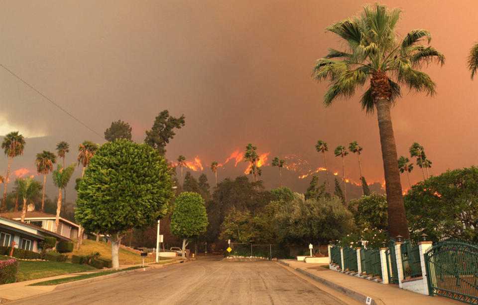 AP10ThingsToSee - A wildfire burns in the hills just north of the San Gabriel Valley community of Glendora, Calif. on Thursday, Jan 16, 2014. Southern California authorities have ordered the evacuation of homes at the edge of a fast-moving wildfire burning in the dangerously dry foothills of the San Gabriel Mountains. (AP Photo/Nick Ut)