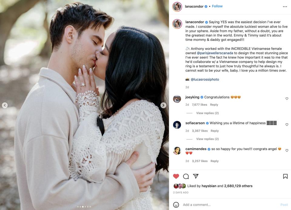 Lana Condor and her fiancé pose after getting engaged.