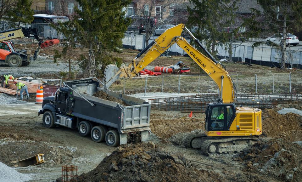 Construction continues Friday, Feb. 17, 2023, on a new parking garage on the Republic Airways Aviation Campus in Carmel.