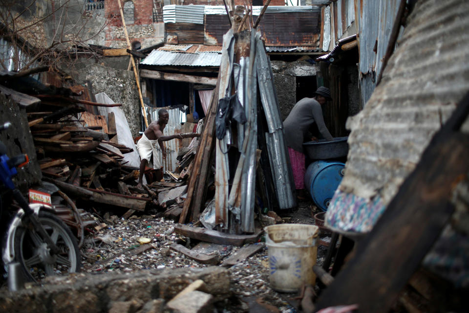 Haitians try to rebuild their destroyed houses on&nbsp;Oct. 16, 2016.