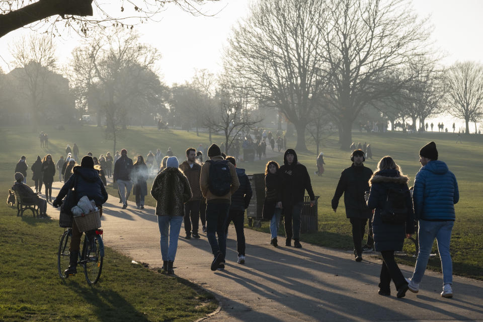 A day after London Mayor Sadiq Khan announced the spread of Covid is said to be out of control, South Londoners take their exercise in a cold Brockwell Park in Lambeth and during the third pandemic lockdown, on 9th January 2021, in London, England. The Coronavirus infection rate in London has exceeded 1,000 per 100,000 people, based on the latest figures from Public Health England although the Office for National Statistics recently estimated as many as one in 30 Londoners has coronavirus. (Photo by Richard Baker / In Pictures via Getty Images)