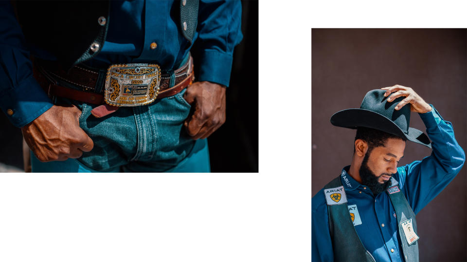 Images of Tre Hosley's belt buckle and Hosley putting on his cowboy hat. (Bethany Mollenkof / for NBC News)