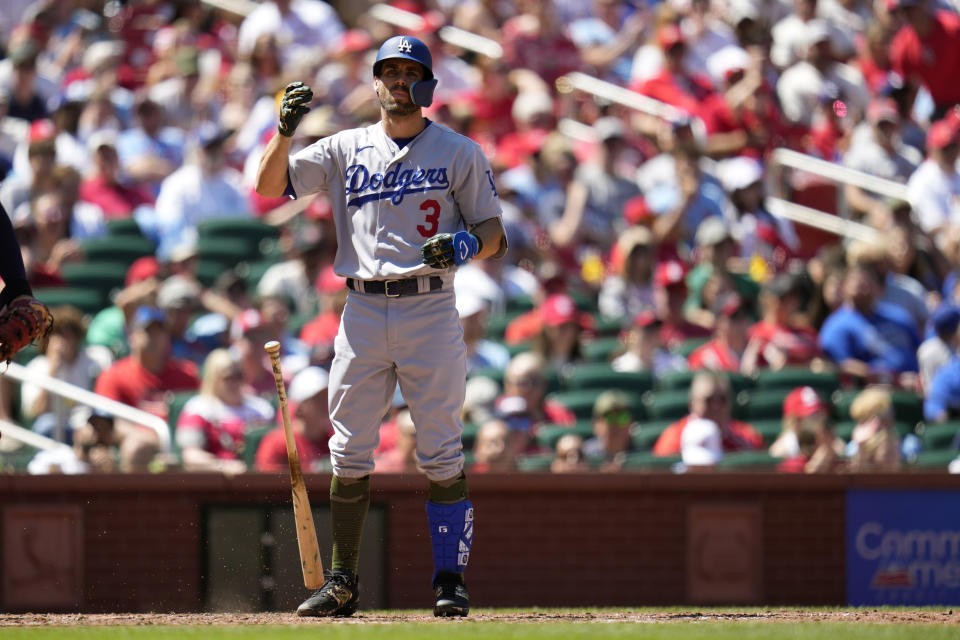 Los Angeles Dodgers' Chris Taylor drops his bat after striking out to end the top of the fifth inning of a baseball game against the St. Louis Cardinals Sunday, May 21, 2023, in St. Louis. (AP Photo/Jeff Roberson)