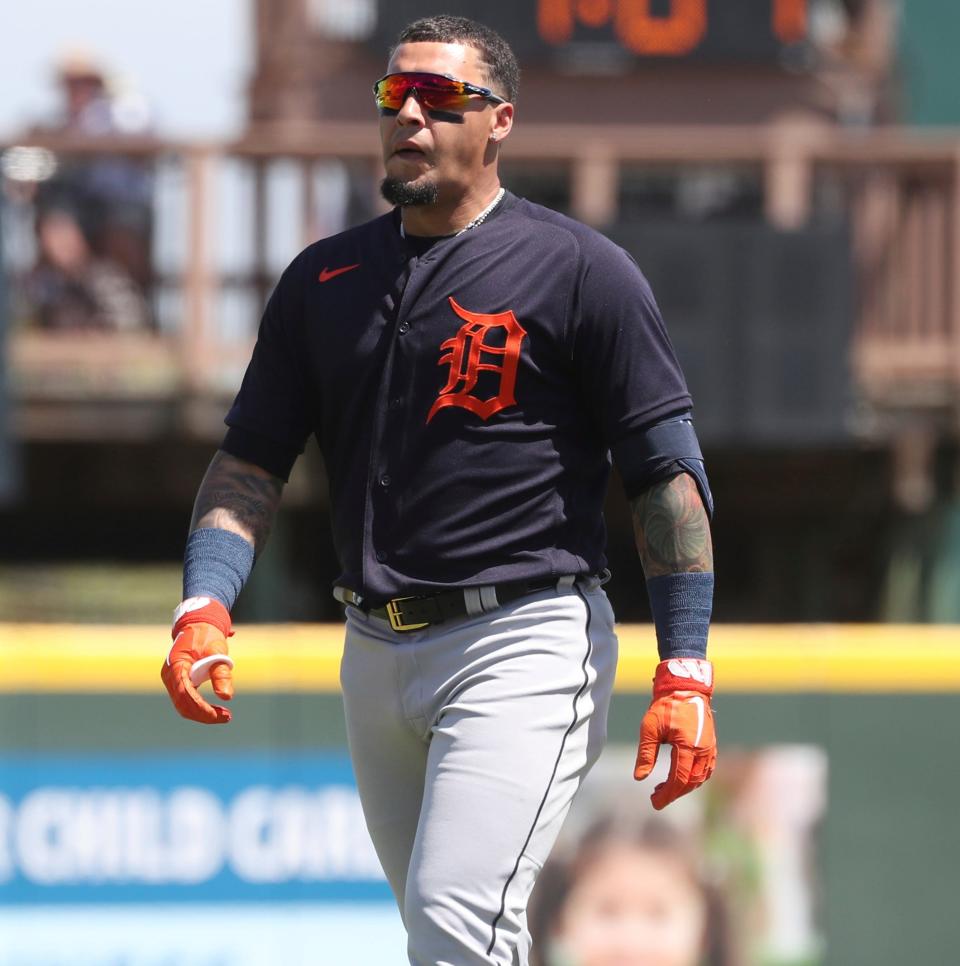 Tigers shortstop Javier Baez warms up before action against the Pittsburgh Pirates at LECOM Park Saturday, March 19, 2022 in Bradenton, Florida.