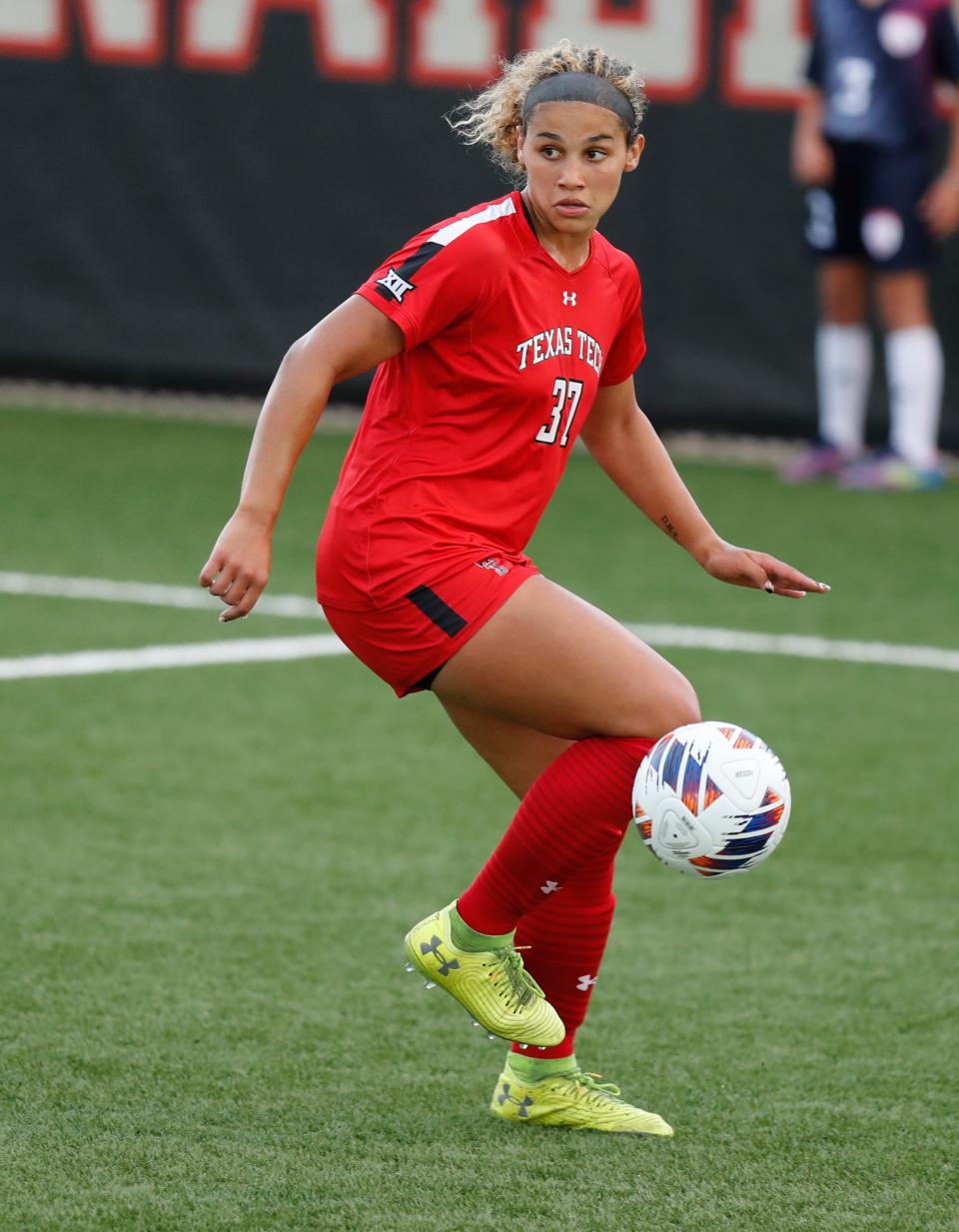 Texas Tech's Ashleigh Williams looks to pass the ball during a scrimmage against Lubbock Christian University, Tuesday, August 9, 2022, at the John Walker Soccer Complex.