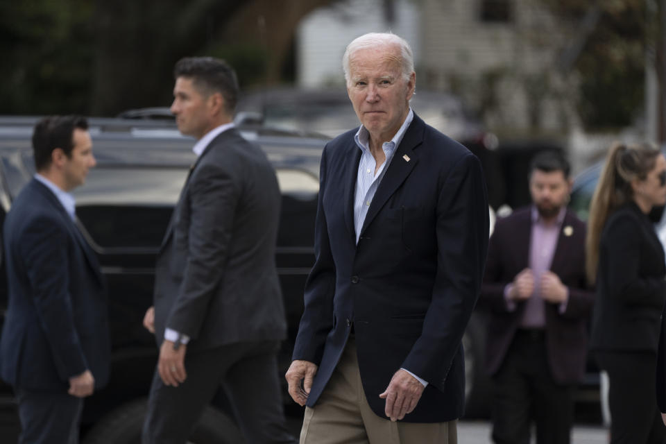 President Joe Biden leaves St. Edmond's Roman Catholic Church in Rehoboth Beach, Del., after attending Mass, Saturday, Nov. 4, 2023. (AP Photo/Manuel Balce Ceneta)