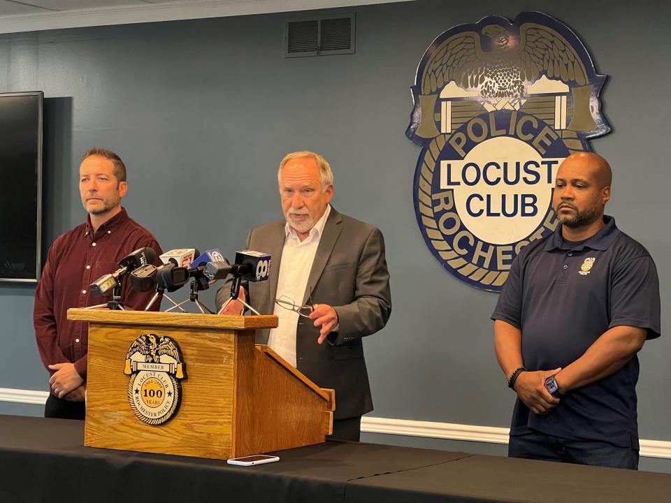 Locust Club President Michael Mazzeo speaks against a proposed reorganization of the Rochester Police Department on Aug. 17, 2023.