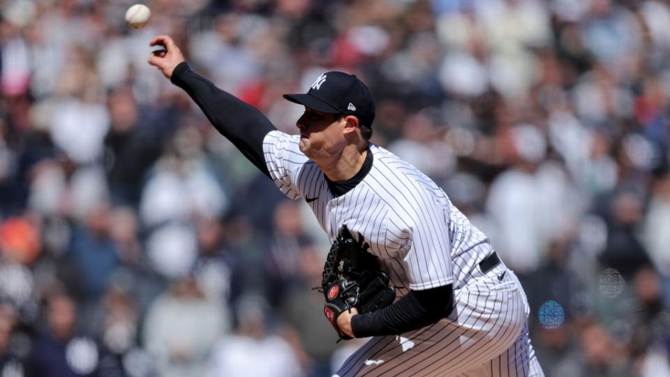 Mar 30, 2023; Bronx, New York, USA; New York Yankees starting pitcher Gerrit Cole (45) pitches against the San Francisco Giants during the first inning at Yankee Stadium.