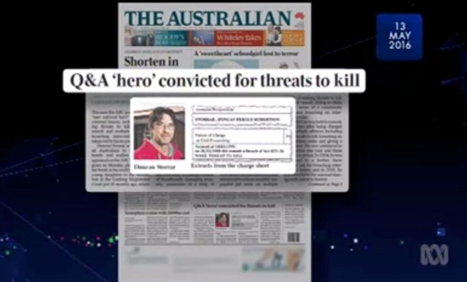 The Australian front-page story on 'Q&A hero' Duncan Storrar in 2016. Source: ABC/Media Watch